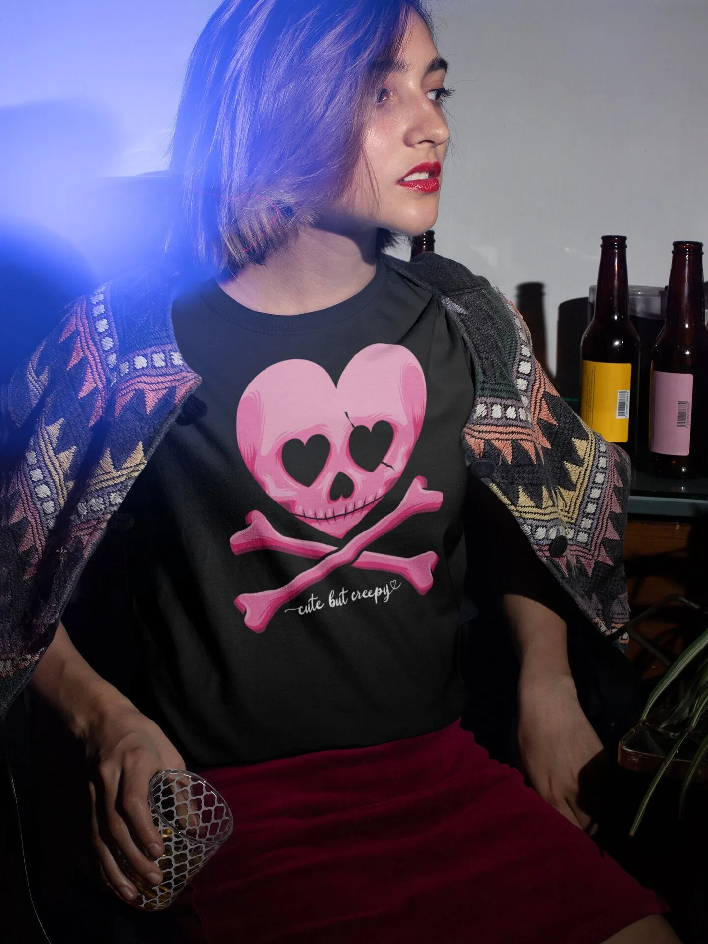 Cute But Creepy shirt Halloween Skeleton tee Spooky Skull Crossbones top Pink Heart Eyes T for girlfriend