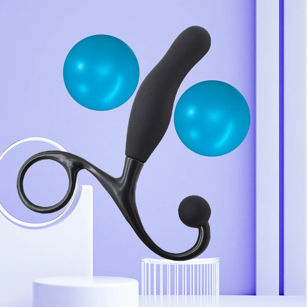 Black Silicone Prostate Massager Plug for Men Curved P-Spot Anal Plug with Ring Handle Male Anal Training Sex Toy