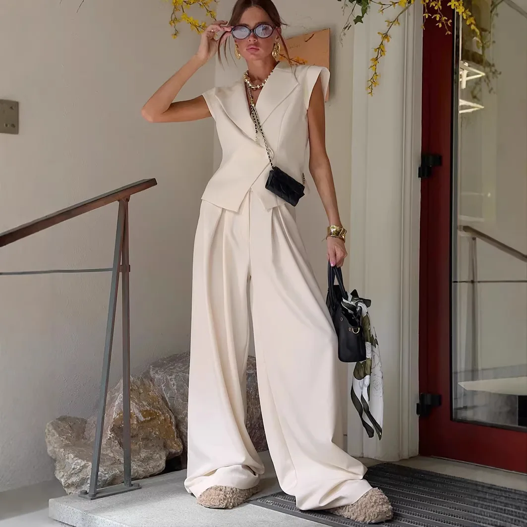 

2026 Elegant Two Piece Set Women Luxury Blazer Vest Crop Top High Waist Wide Leg Pants Suit Office Lady Party Outfits Vestidos