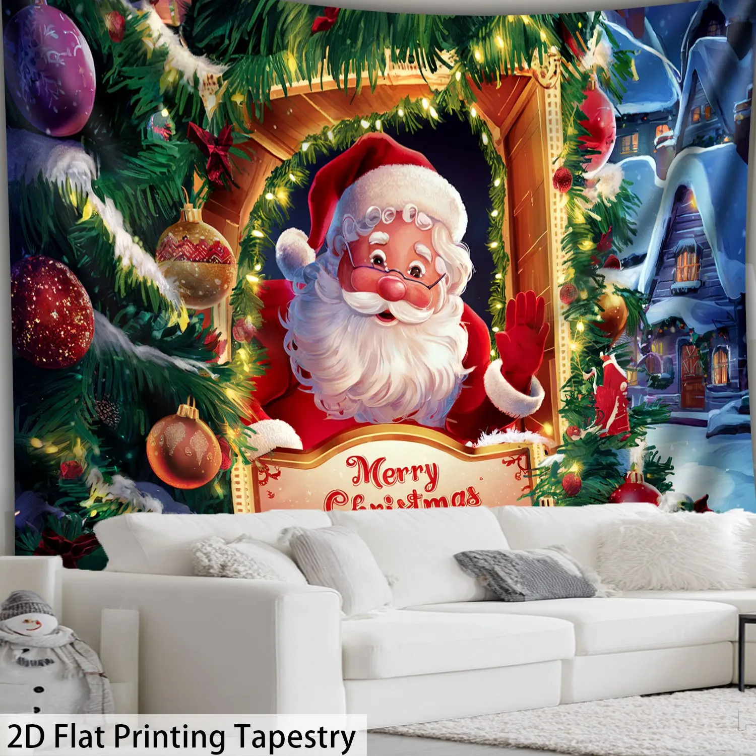 Christmas Tapestry Santa with Wreath, Winter Snow Village Scene Wall Hanging,Merry Christmas Digital Print Decor for Living Room