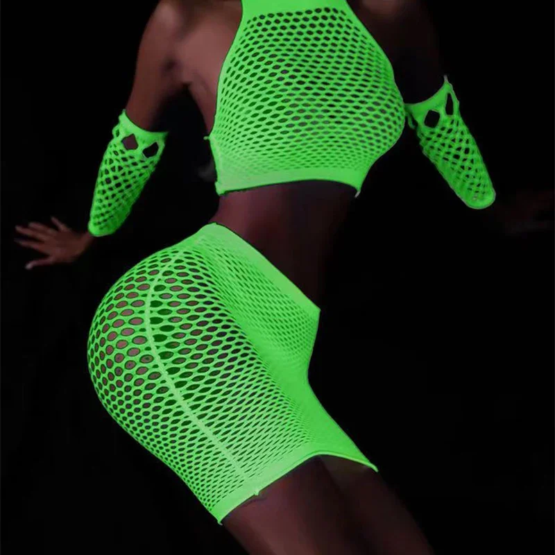 Hot Noctilucent New Sexy Lingerie ​Women BodySuit Underwear Porn Babydolls Hip Wrap Dress Fishnet Glove Luminous Erotic Costumes