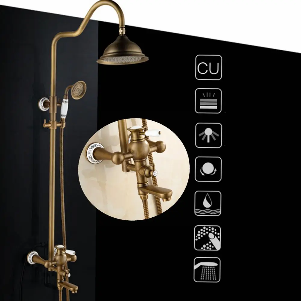 Vidric Bathroom Rain Shower Set Antique Bronze Wall Mounted Bath Shower Faucets with Hand Shower Wall Mounted EL0628