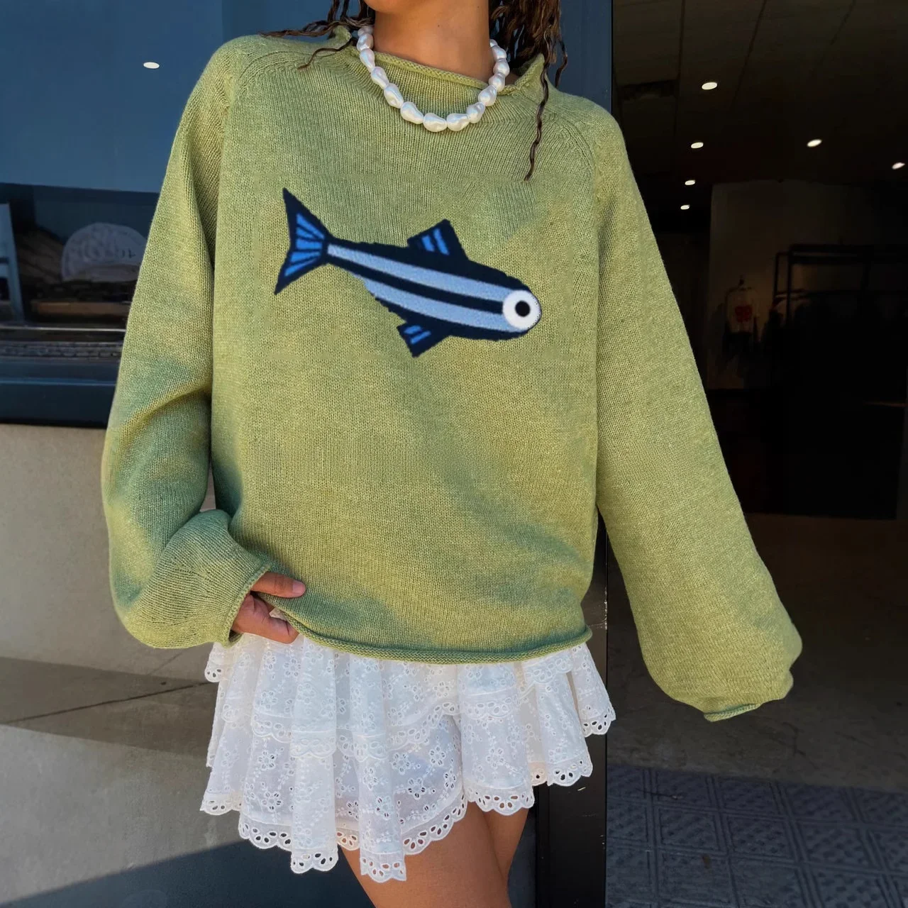 

New 2025 Spring Season Sardine Pattern Knitted Long Sweater Women Slim Fit Other Materia l00%