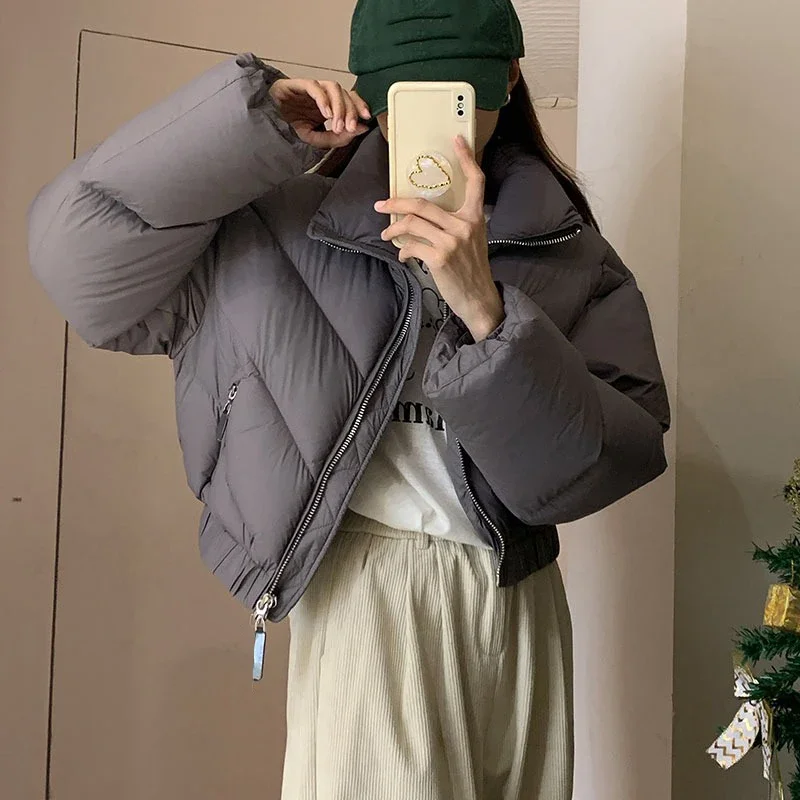 女性用コットンダウンジャケット,ショートパーカー,シックな厚手のパンコート,スタンドアップカラー,ジッパー付き衣類,アウター,ファッション,冬,新品,2024