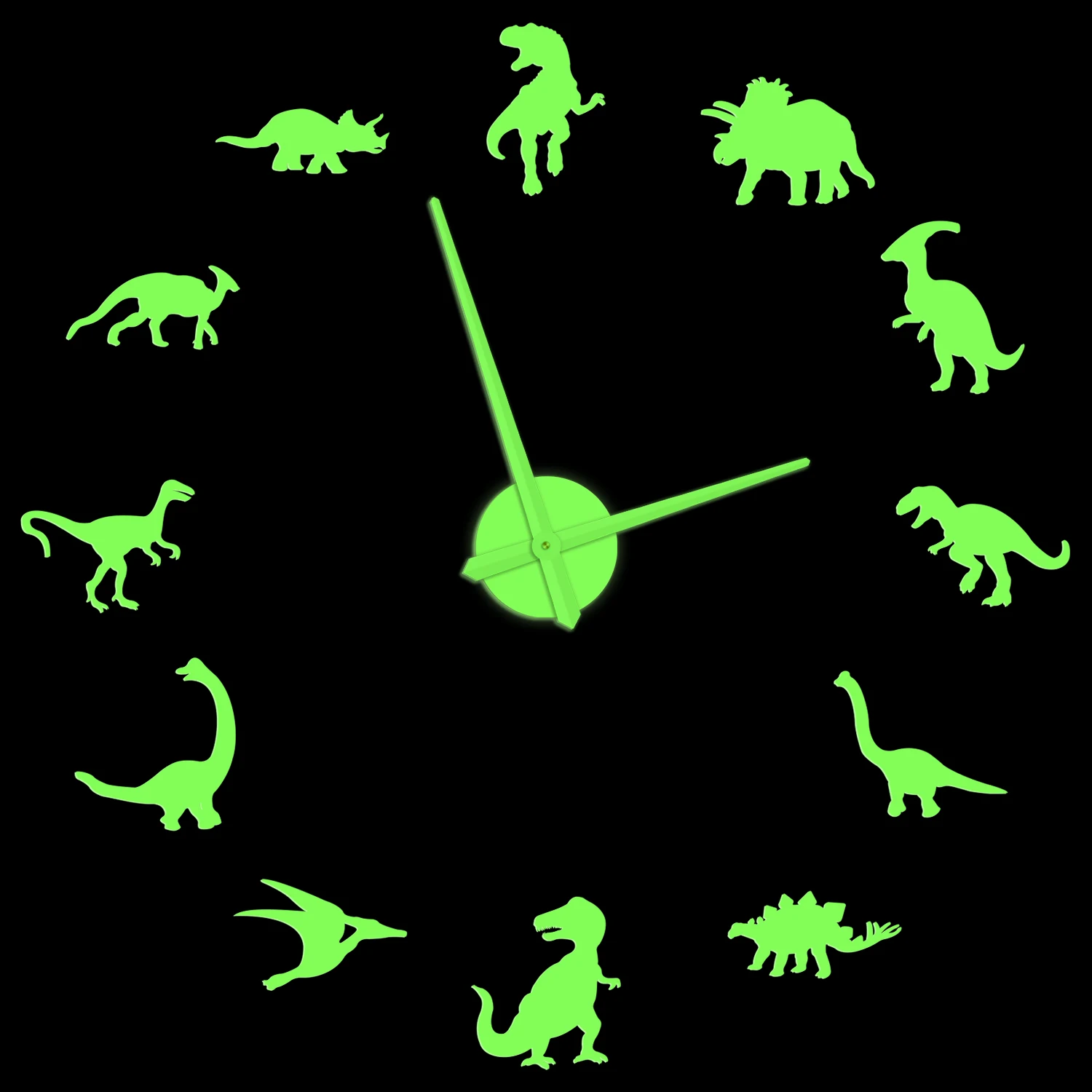 

Dinosaurs Self Adhesive DIY Wall Clock Glow in Dark Home Decor T-Rex Dinos Breed Luminous Oversized Watch For Nursery Kid Room