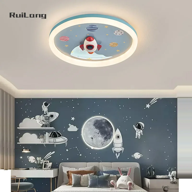 Creative Rocket Ceiling Light For Kids Room Boys Bedroom Study Blue Cartoon Space Planet Chandelier Children Room Ceiling Lamp