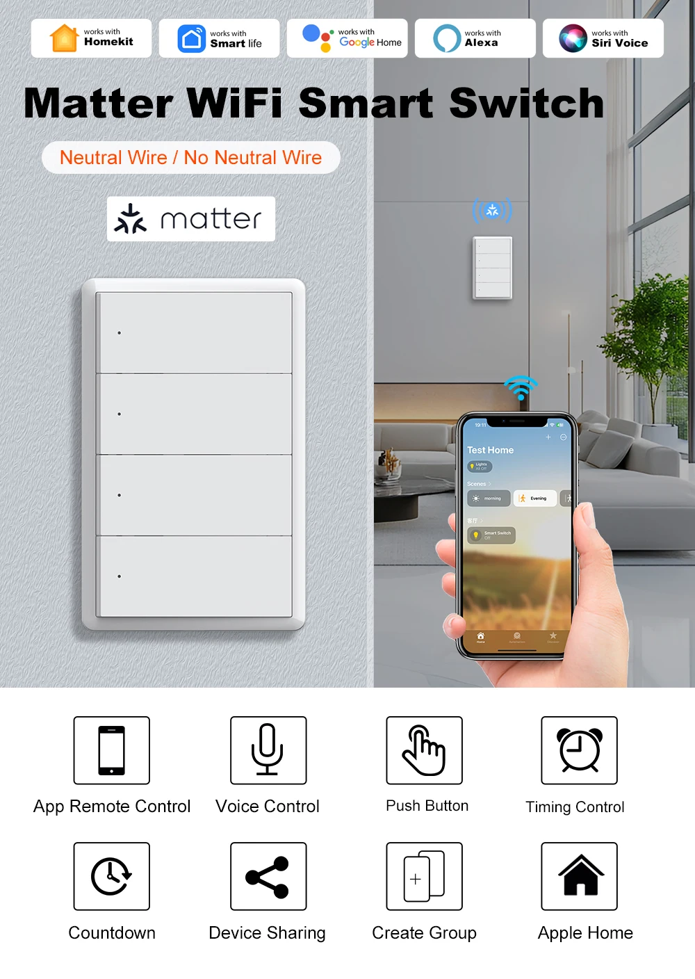 Interruptor de luz inteligente WiFi Manhot Matter de 1, 2, 3 o 4 bandas, requiere neutro, compatible con Smart Life, fun