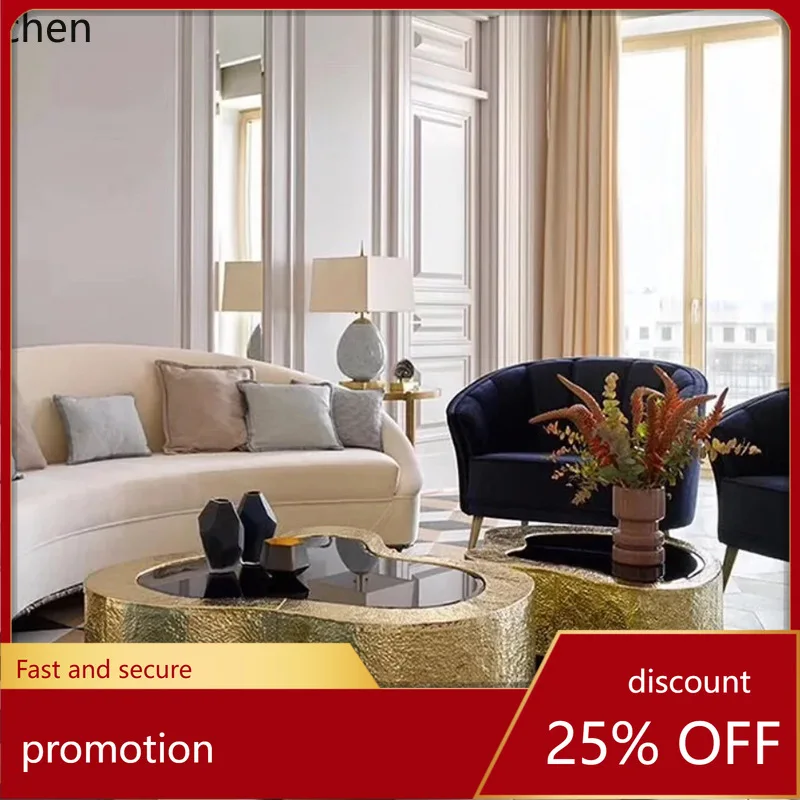 

HXL Stainless Steel Coffee Table Living Room Tempered Glass Irregular Shape Tea Table Combination