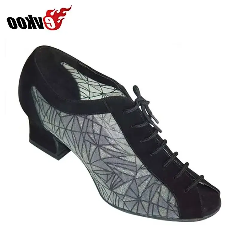 Evkoodance Zapatos de Baile de Práctica Negros y Caqui de Nubuck y Malla con Patrón, 4.5cm, Zapatos de Salón para Mujer, Personalizados, para Baile