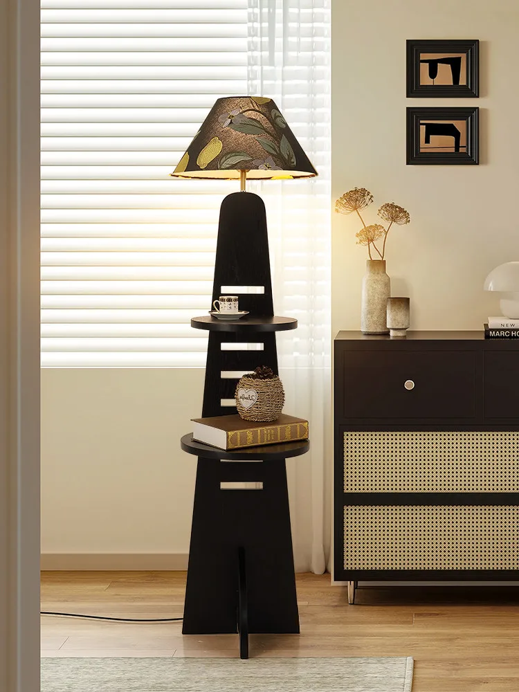 Middle Ancient Solid Wood Floor Lamp Living Room Sofa Side Stand Light Retro Storage Rack Integrated Light Room Decoration LED