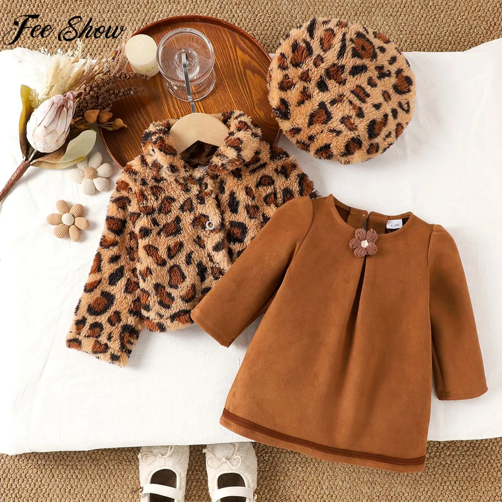 Infant Girl Fashion Leopard Print Long Sleeve Fleece Warm Coat with Dress Beret Hat for Daily Birthday Party Wedding Photography