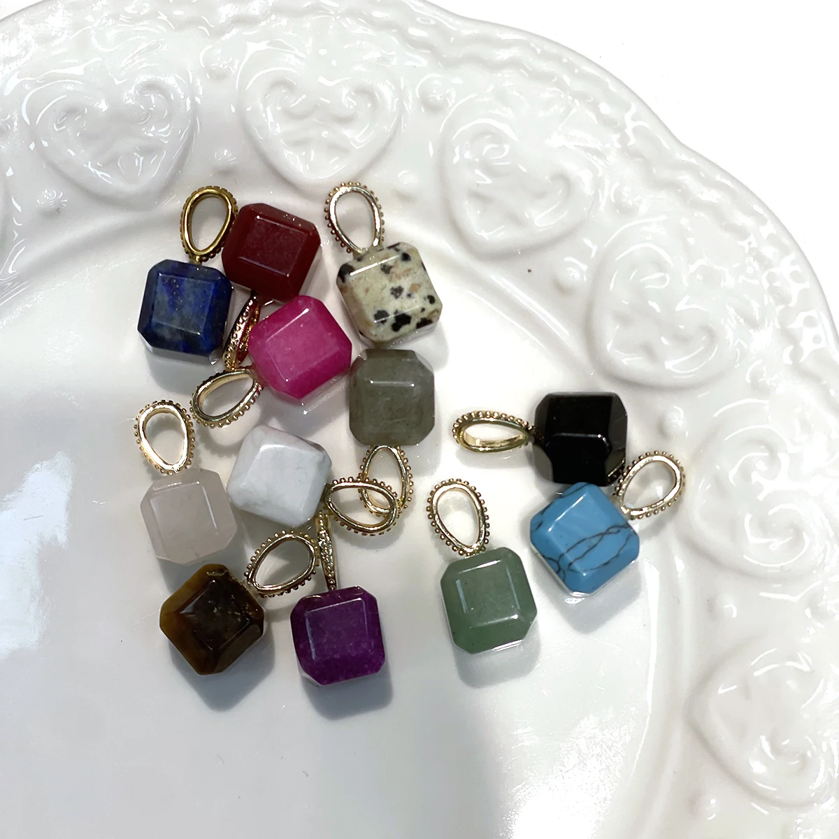 5pcs Natural Stone Square Cube Pendant 10x20mm Gold Color Plated Stone Charm for DIY Necklace Bracelet Jewelry Making Accessory