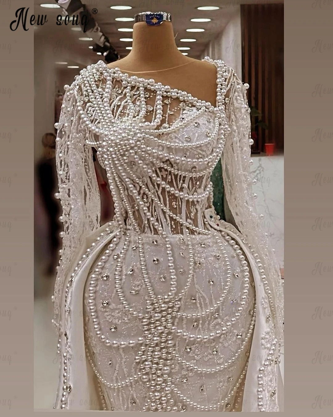 Ivory Full Pearls Evening Dresses With Detachable Train Luxury Arabic Satin Mermaid Wedding Party Gowns Robes de Mariages 2024