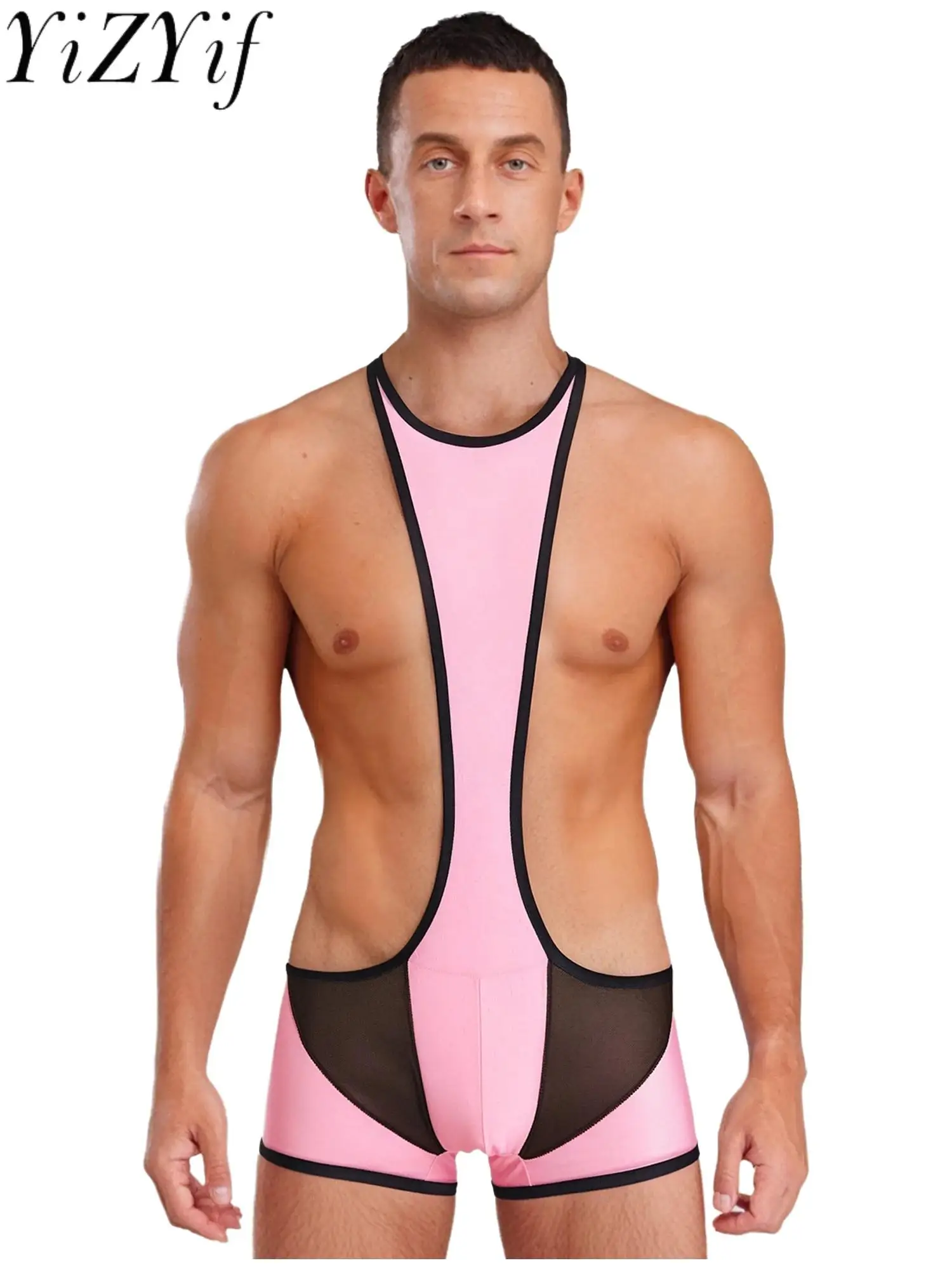 

Men's Sissy Cutout Patchwork Bodysuit Sheer Mesh See Through Boxer Short Jumpsuits for Swimming Bathing Suit Workout Costumes