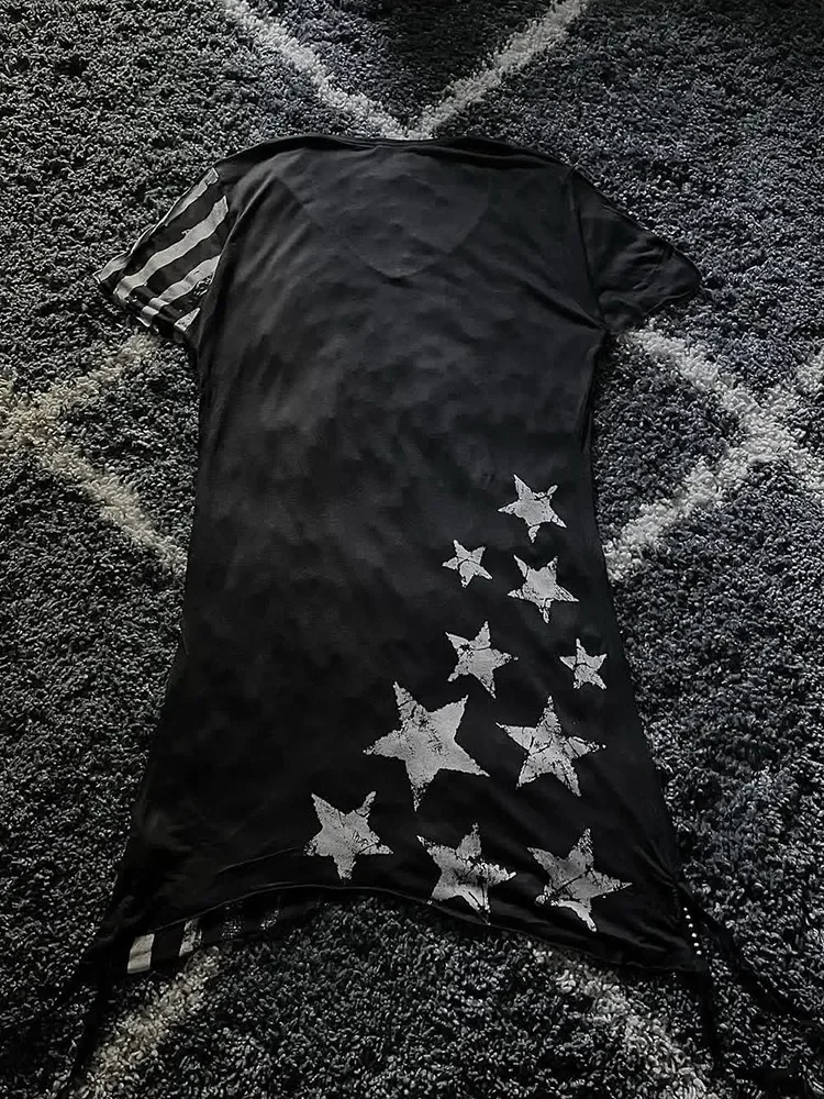 Kmrii Vision Front Stripe Back Pentagram Print Asymmetrical Design Short Sleeve T-Shirt