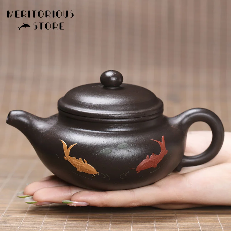 Fish Funny Black Zhu Mud Colourful Mud Painted Yixing Teapot Pure Hand Handmade Xi Shi Pot Purple Clay 300ml  Tie Guanyin Puer