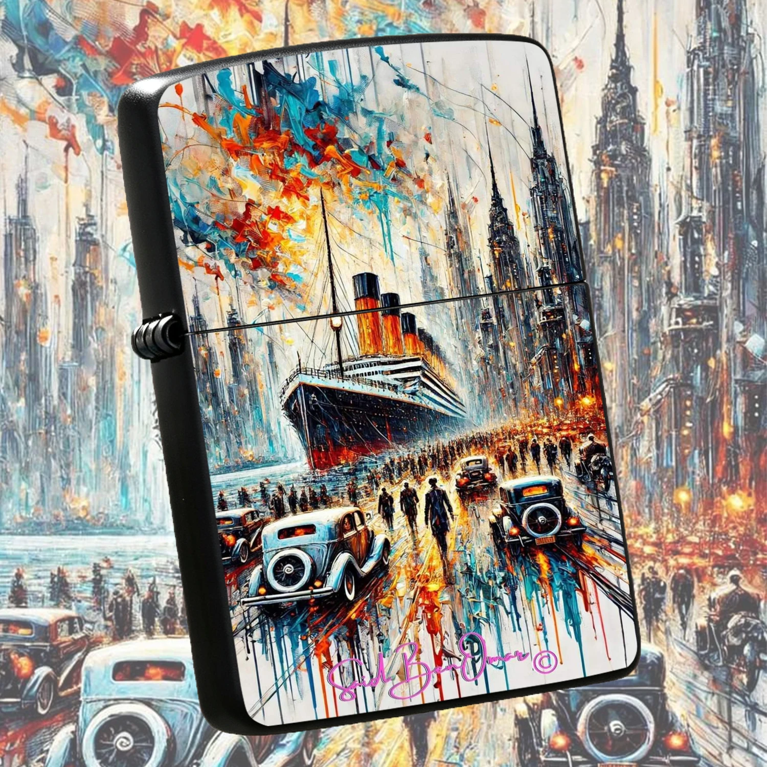 Vintage Art Ocean Liner City Street Lighter, Abstract Splatter Oil Painting Style Decor, Multi-Scene Portable Daily Accessory, Unique Vibe Personalized Collectible Gift, Exquisite Retro Art Flair Practical Carry-On For Commuting Trips Daily