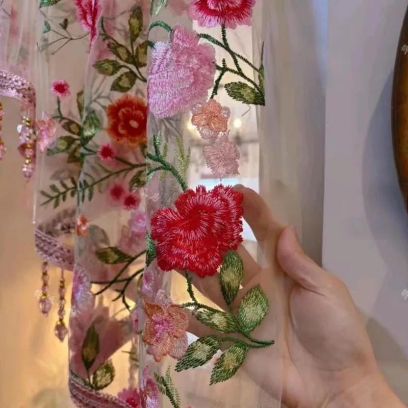 Luxus Volant Rosa Blumen Quaste Rand Gebrochene Trennwand Tür Vorhang Gaze Vorhang Spitze Schlafzimmer Küche Vorhänge Anpassen – Detail 4