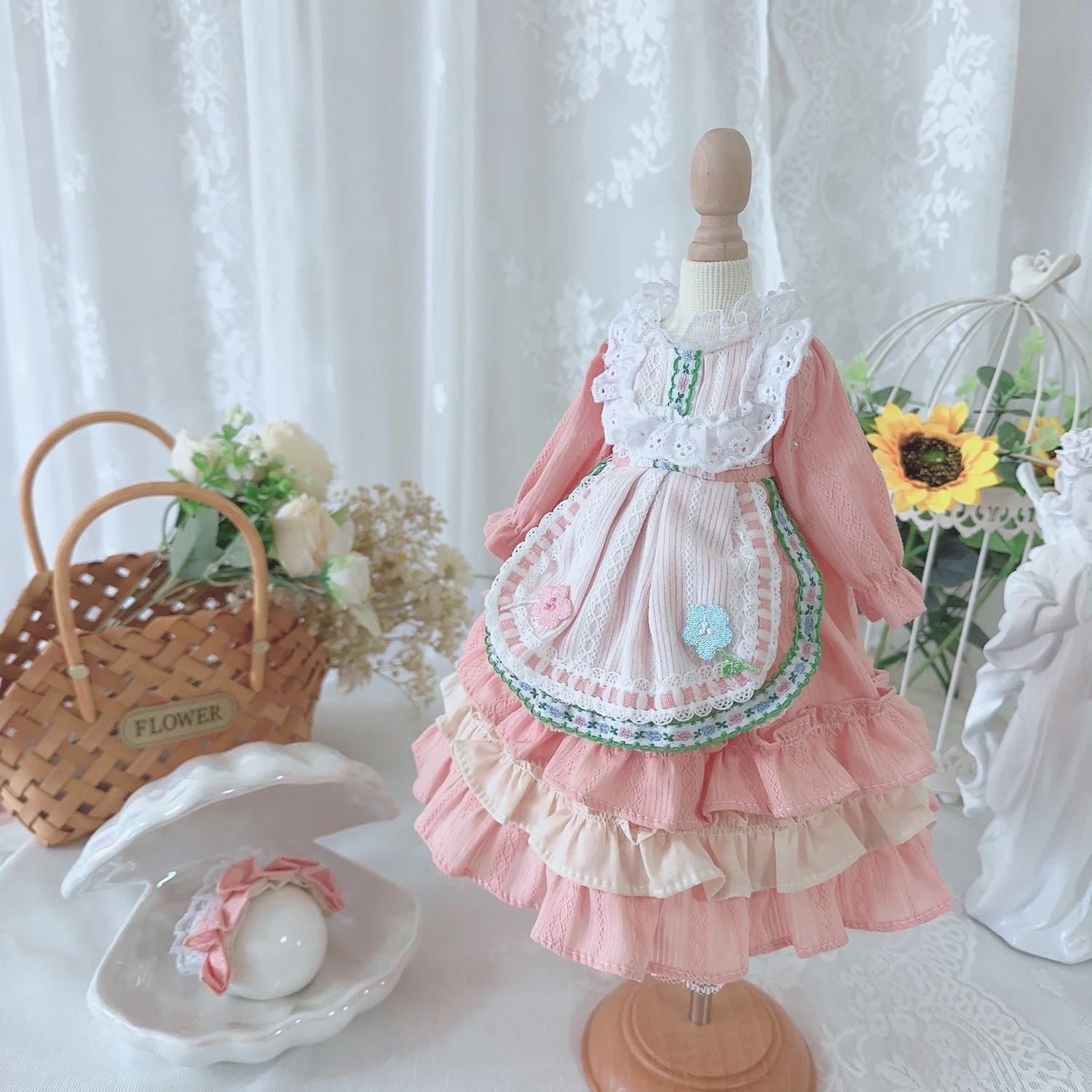 BJD Doll clothes Suitable for 1/3 1/4 1/6 size pink bow Garden style long sleeve dress doll accessories