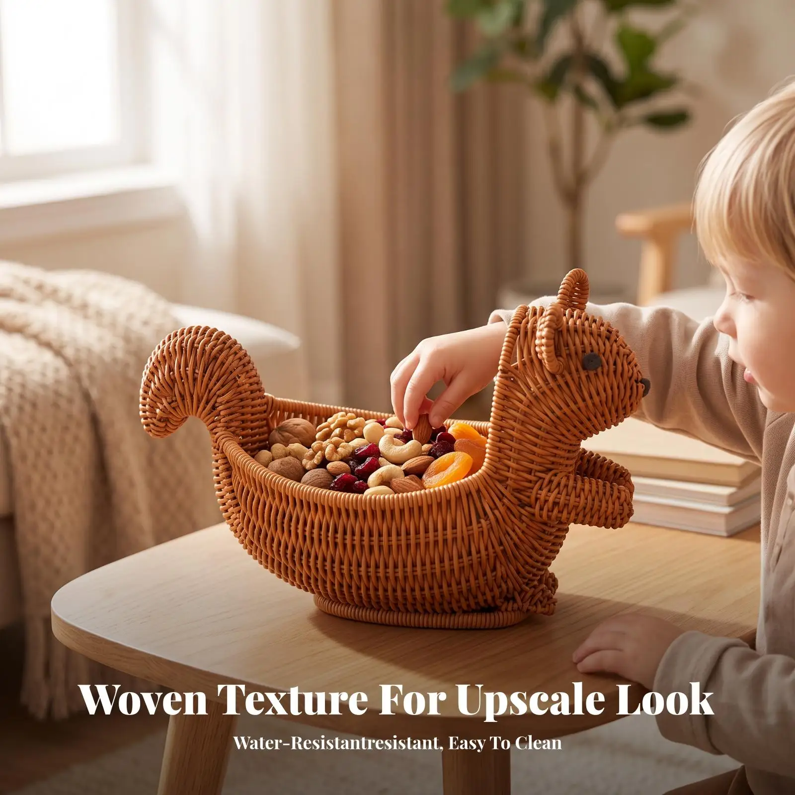 Warm Brown Orange Bamboo Woven Storage Basket Animal Shaped Container for Dining Room Entryway Decor Organization