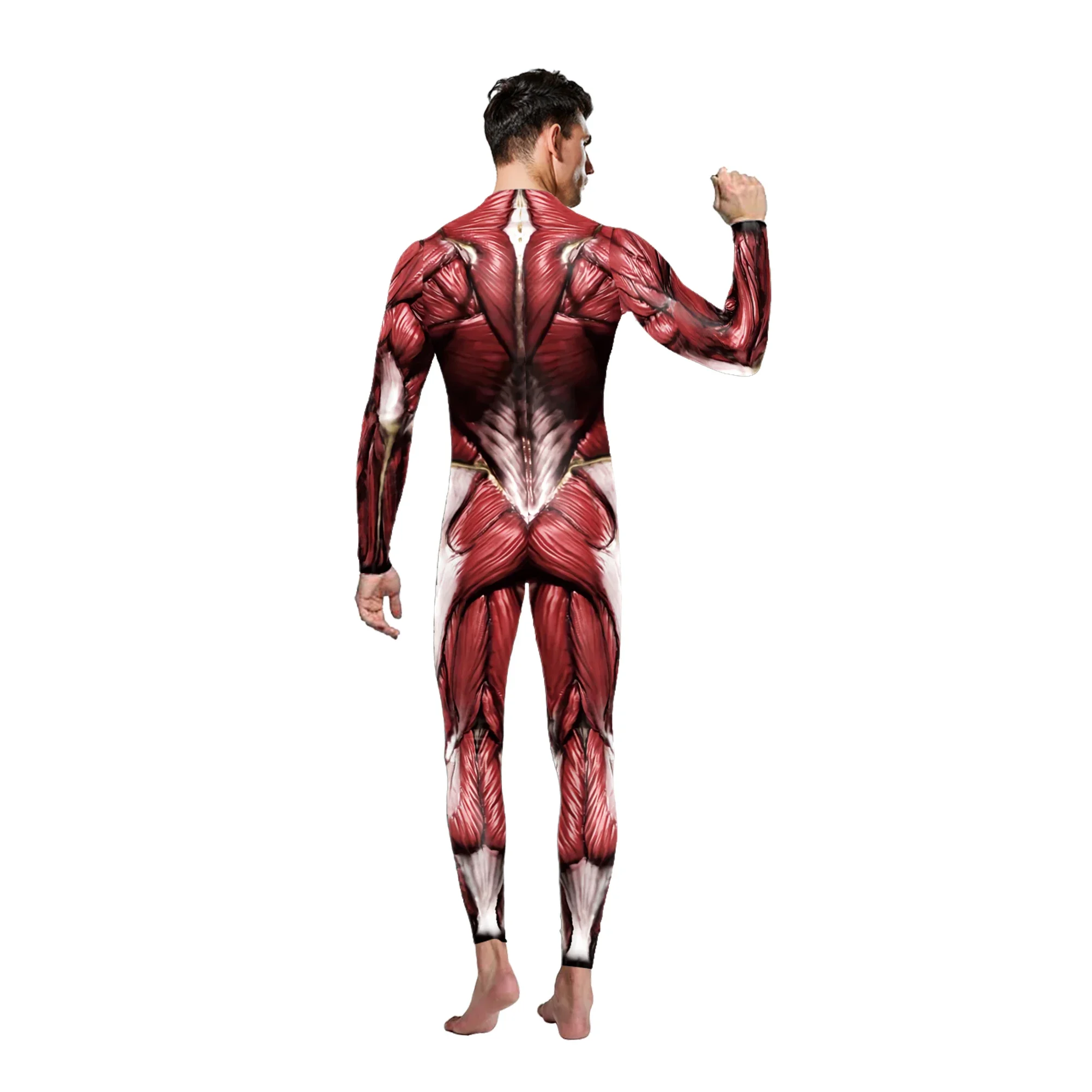 3D กล้ามเนื้อมนุษย์รูปแบบ Jumpsuit อะนิเมะยักษ์คอสเพลย์เครื่องแต่งกายฮาโลวีนบอดี้สูท Spandex Zentai Party ผู้ใหญ่ Zipper Rompers