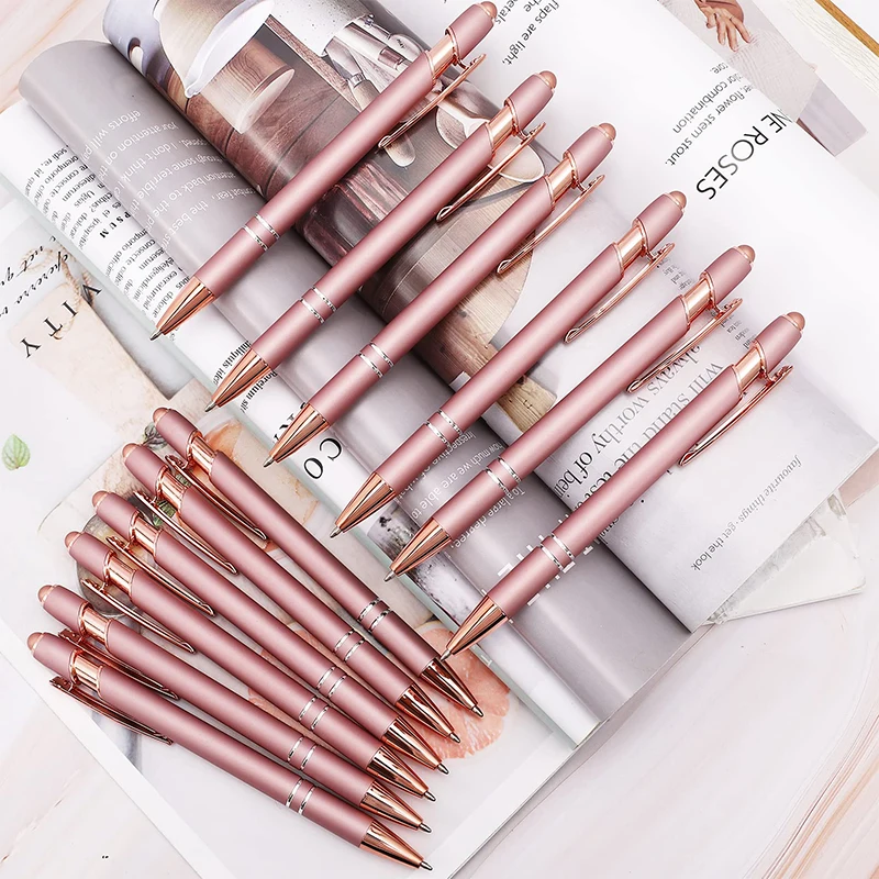 12Pcs Rose Gold Metal Pens Multifunction Ball Stylus Soft Touch Screen Pen 2 In 1 Metal Ballpoint Pens