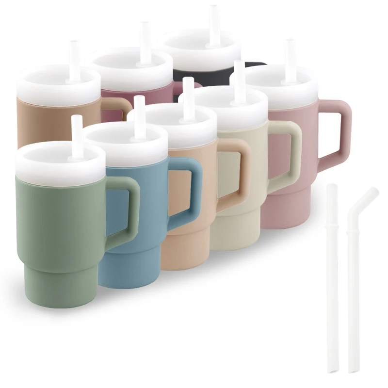 100% Silicone Training Cup and Straw Set (Suitable for Children 6 Months and Up) Non-slip Handle, Tumbler-Proof Straw Cup