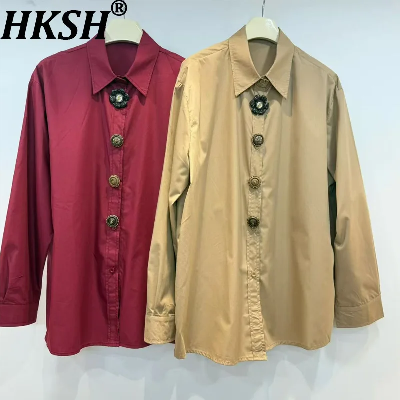 

HKSH Spring Autumn New Women Shirt Single Breasted Turn-down Collar Solid Color Long Sleeve Versatile Blouse Elegant Top HK16447