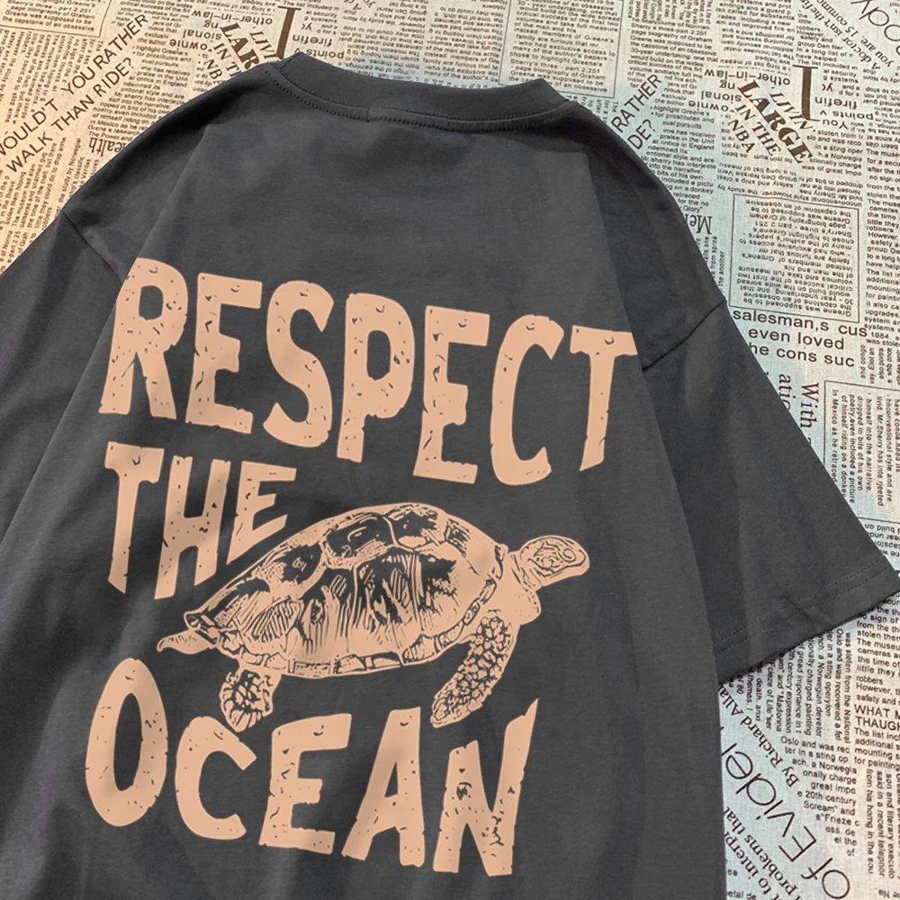 Respect The Ocean Green Turtle T Shirt Men Oversized Clothes Hip Hop Breathable Short Sleeve Harajuku Summer Cotton T-Shirt