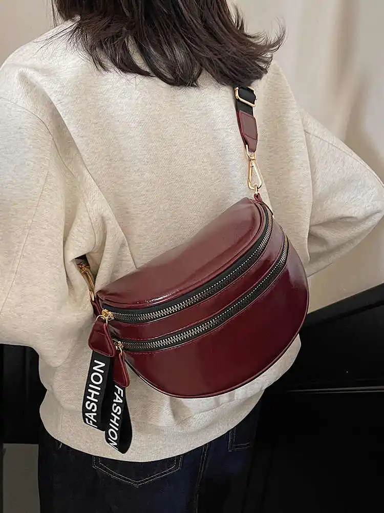 Fashion Double Zipper Design Crossbody Bag For Women Spring Autumn New Splicing Color Style Wide Shoulder Strap Underarm Bag