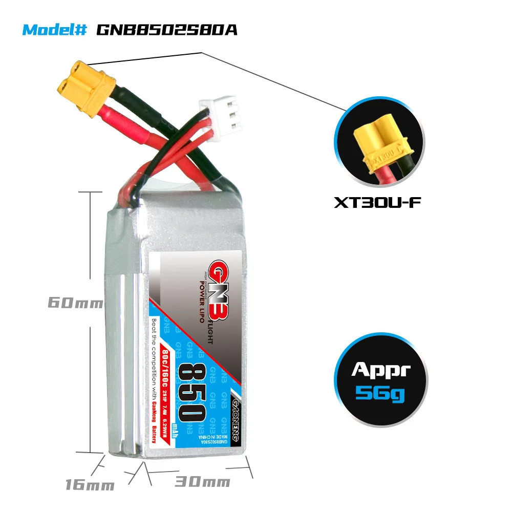 GNB Lipo Battery With XT30 Plug 2S 7.4V 850mAh 80C/160C  For FPV Racing Drone Micro Quadcopter Helicopter RC parts 7.4V Battery