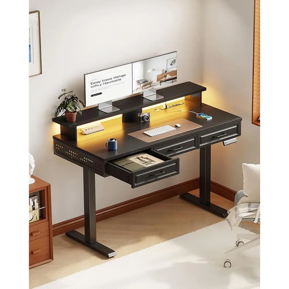 Electric Standing Desk, Black, 3 Wood Desks, Monitor Stand | 3 Outlets & 2 USB Ports, 20 LED Lights, 3 Memory Heights, 29.9-46.1