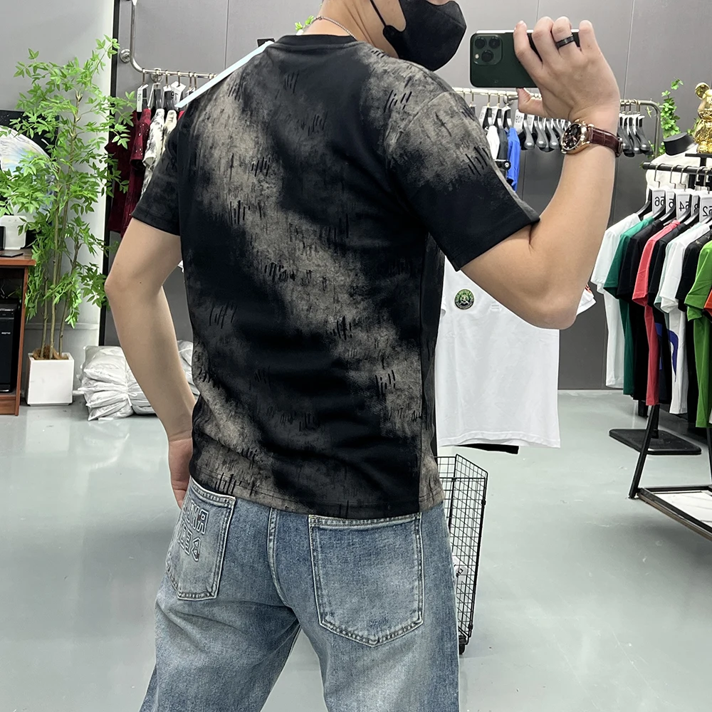 Men's Summer Short Sleeve T-Shirt 2026 New Fashion Trendy Tees Ins Splash Ink Ripped Cotton Loose Casual Base Top Man Clothing