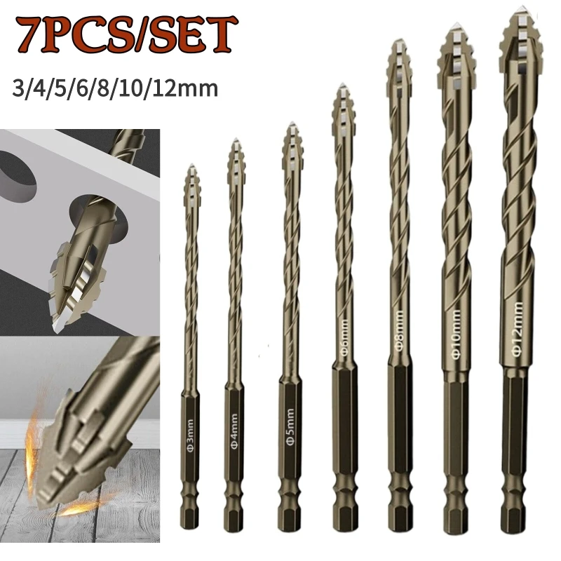 7/6/5PCS Four-Edged Serrations Drill Bit Set Drilling Tools For Glass Tile and Concrete 3-12mm Multifunction Drill Bit Set Tools