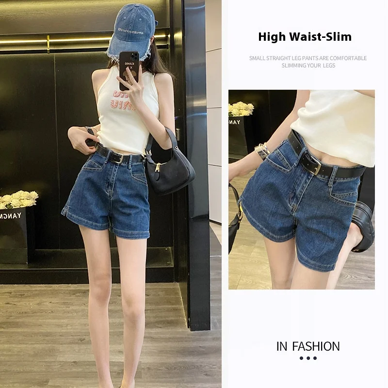 

With Belt Vintage Blue Denim Shorts Women Summer New Design Split A-Line Pants High Waist New Skinny Shorts Casual Jeans Jeans