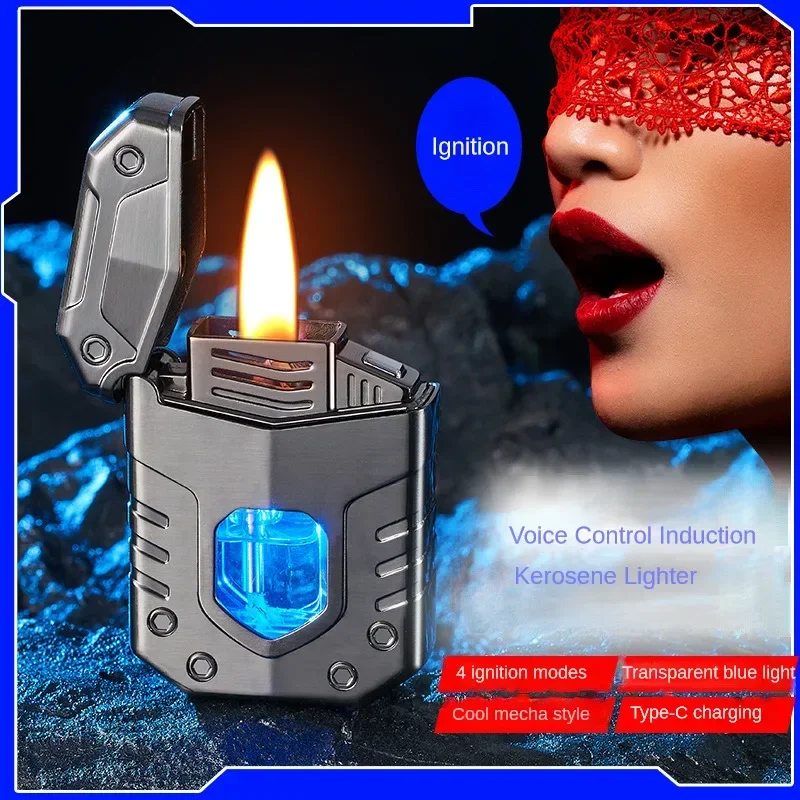 Metal Mech Voice Controlled Kerosene Lighter Four Ignition Methods Transparent LED Blue Light Oil Window Type-C Charging Lighter