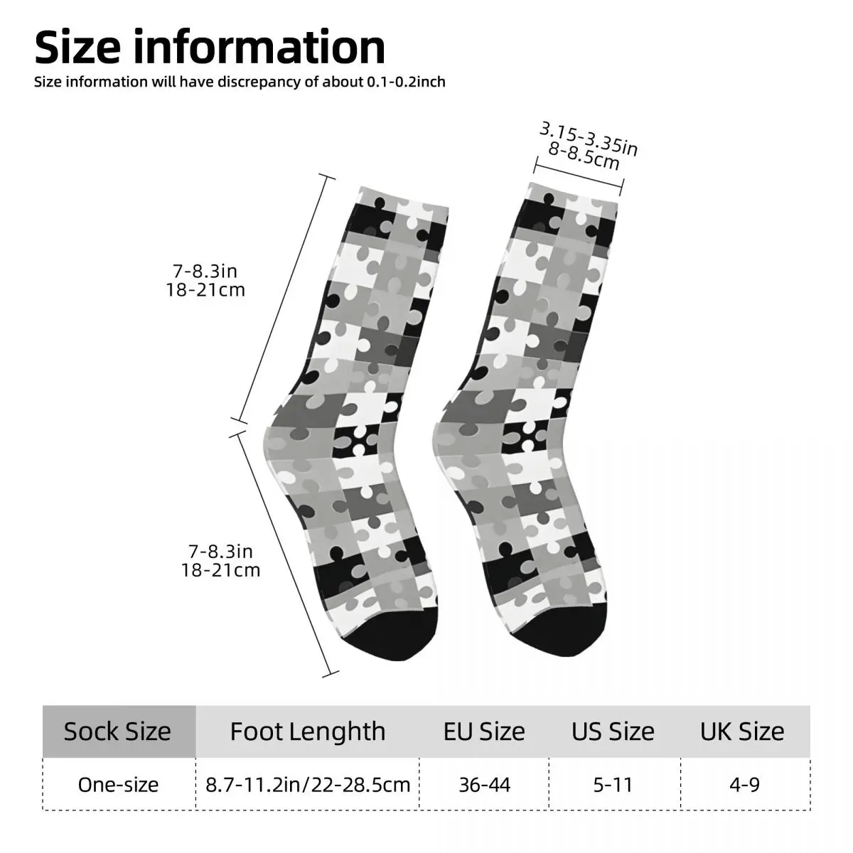 Funny Crazy Sock for Men Black And White Hip Hop Vintage Jigsaw Puzzles Happy Pattern Printed Boys Crew Sock Casual Gift