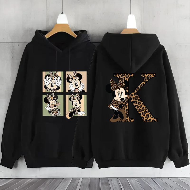 Leopard Minnie Mouse A-Z 26 English Letters Hooded Sweatshirt Woman Clothing Hoodie Long Sleeve Women\'s Sweatshirts Y2k Clothes