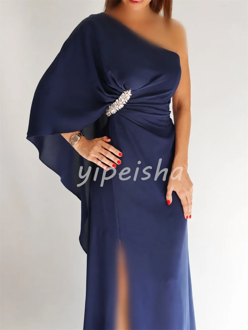 Dark Blue Charming Pastrol Chiffon Crystal A-line One-shoulder Floor-Length Evening Dresses Women's Party Gowns Customized