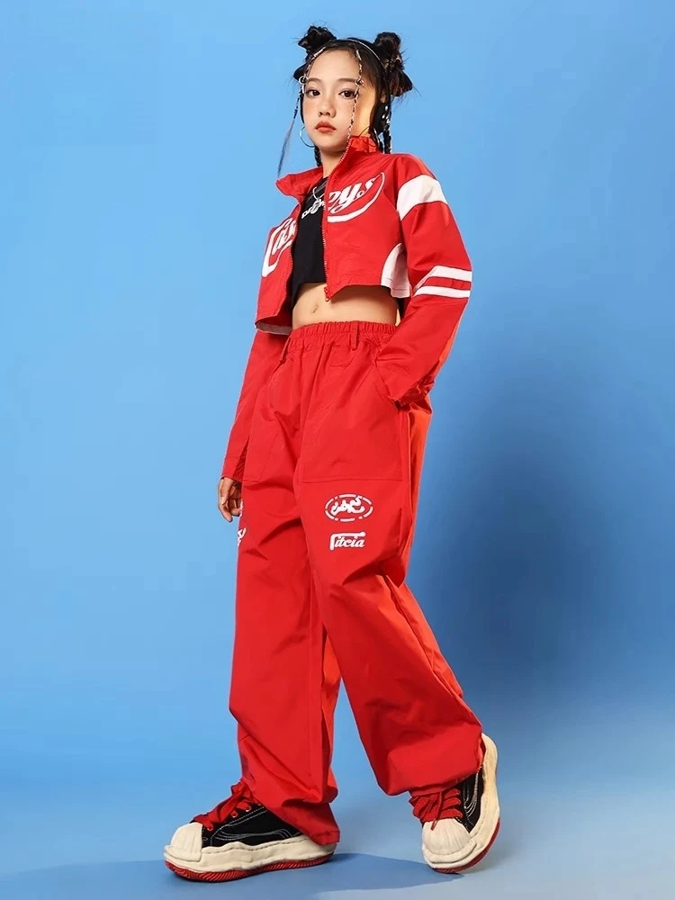 2024 Mädchen Rot Hip Hop Kostüm Jazz Dance Performance Kleidung Kurzen Mantel Lose Hosen Street Dance Bühne Wettbewerb Tragen BL14219