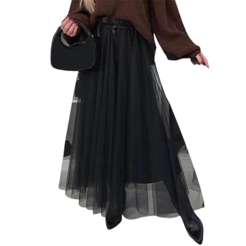 

Tulle Skirt Elegant Mid-waist Tulle Skirt for Women Elastic Waist A-line Long Skirt with Mesh Hem Solid Color for Wear Mesh Hem