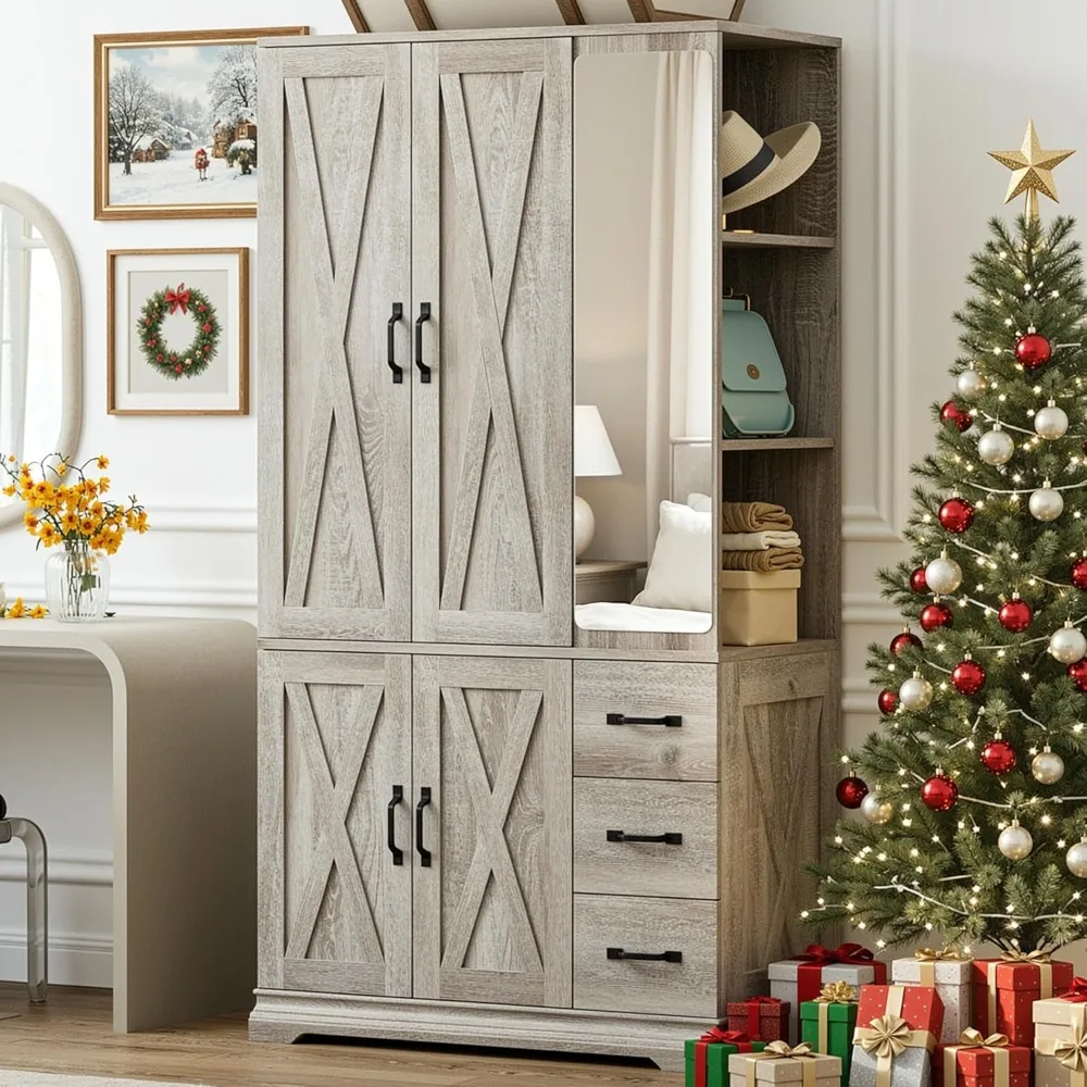

Armoire Wardrobe Closet with Mirror, 70.9 H × 36.2 W, Bedroom Armoires with 4 Doors, 3 Drawers and Shelves
