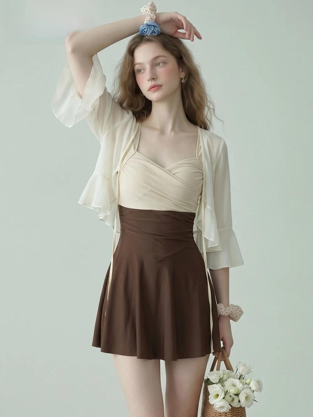 Conservative Style One-Piece Swimsuit for Women Beachwear Sunscreen Outer Shirt Holiday Style Slimming Design Swimwear