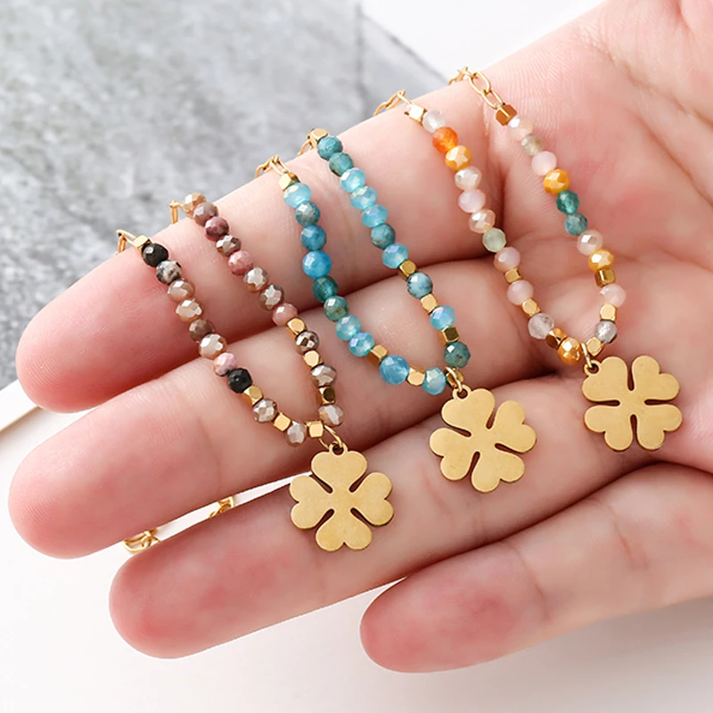 

Boho Aesthetic Rice Beads Clover Necklace Stainless Steel Necklace for Women Handmade Chain Necklace Fashion Female Jewelry 2022