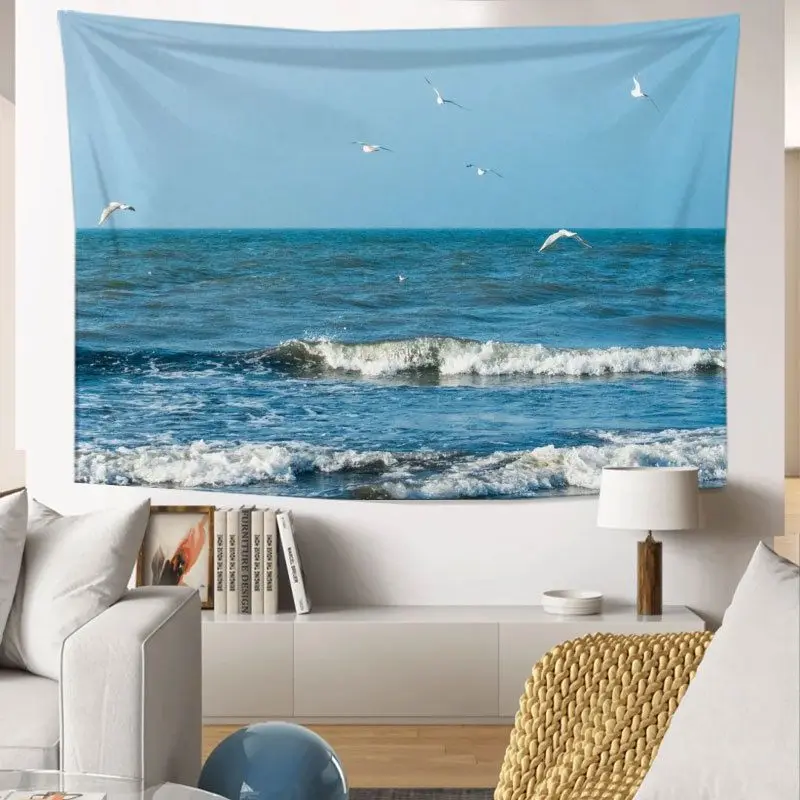 VIKAMA Blue Wave Sea View Landscape Tapestry, HD Wear-Resistant Fabric Wall Hanging for Coastal Living Room Decor