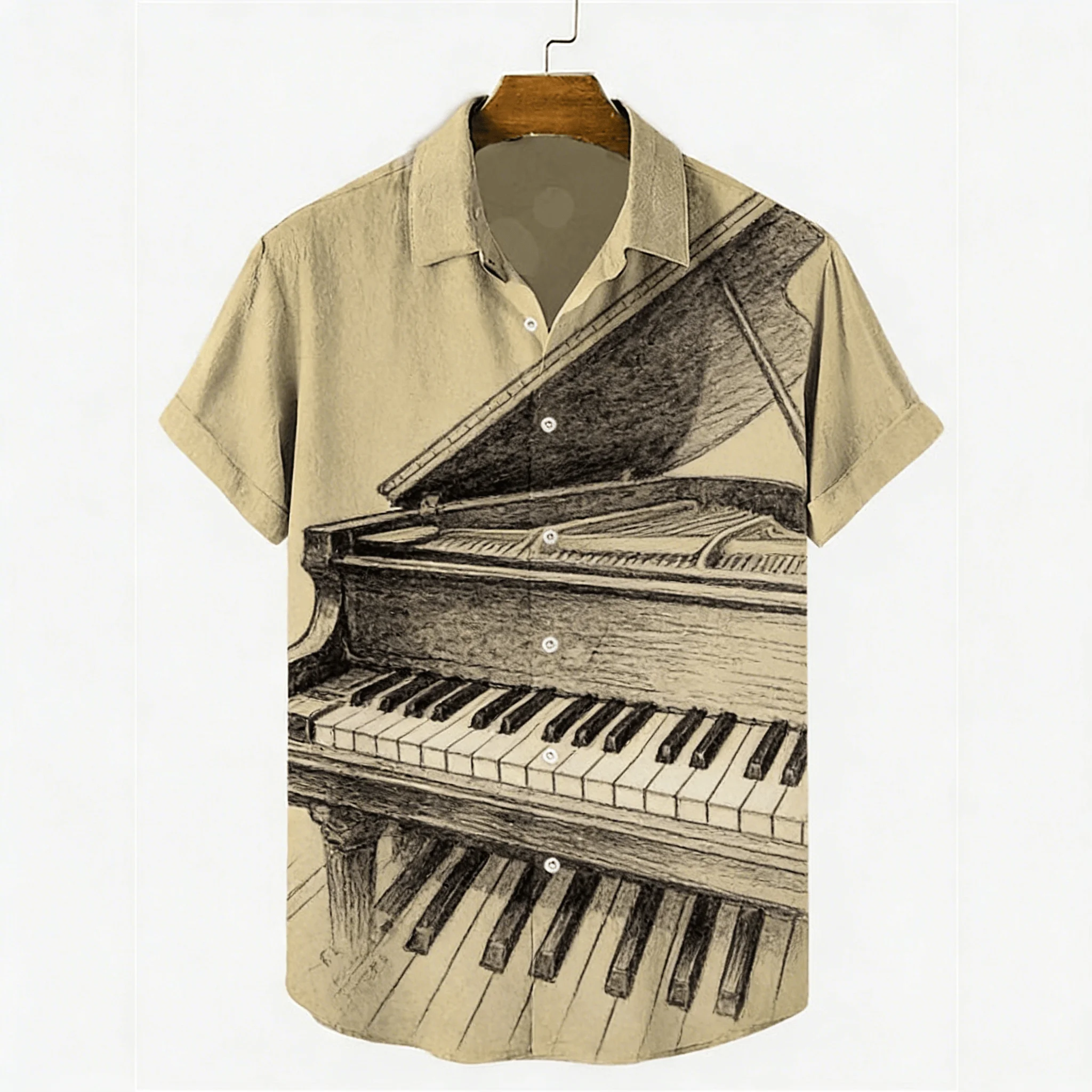 

Men's Vintage Sketch Print Short Sleeve Shirt, Spring Summer Artistic Casual Top, Pocket Lapel Style
