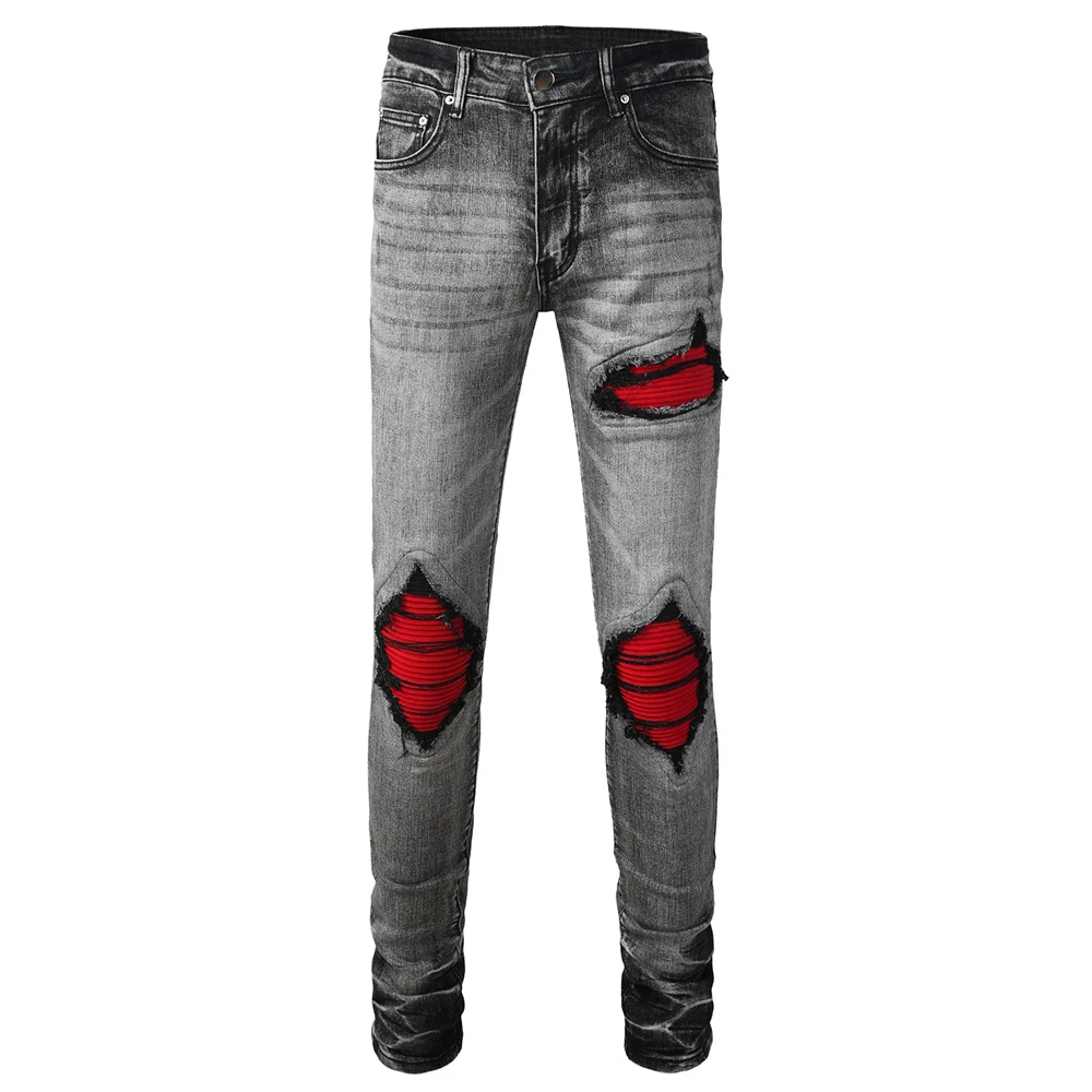 Men's Distressed Denim Jeans Streetwear Red Flannel Pleated Patch Gray Pants Skinny Tapered Stretch Spandex Trousers