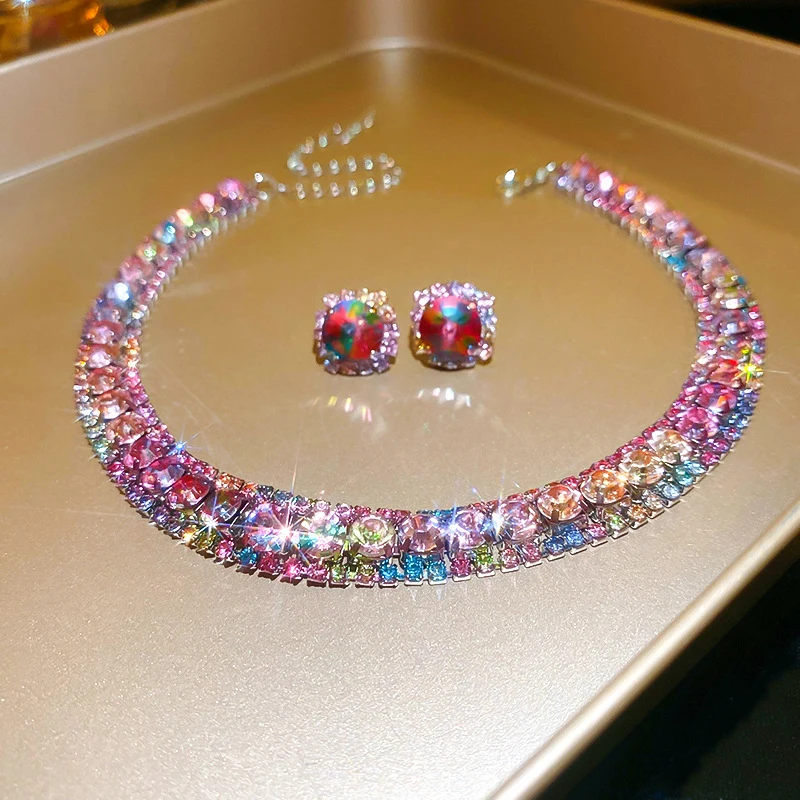 Luxury Crystal Necklace Earrings Set Pink Purple colourful Necklace for Women Weddings Party Jewelry Sets Accessories