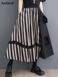 Striped Patchwork Floral Skirt Women Black Vintage High Waist Korean Fashion Loose Casual Long Skirts Clothes New Summer 2024