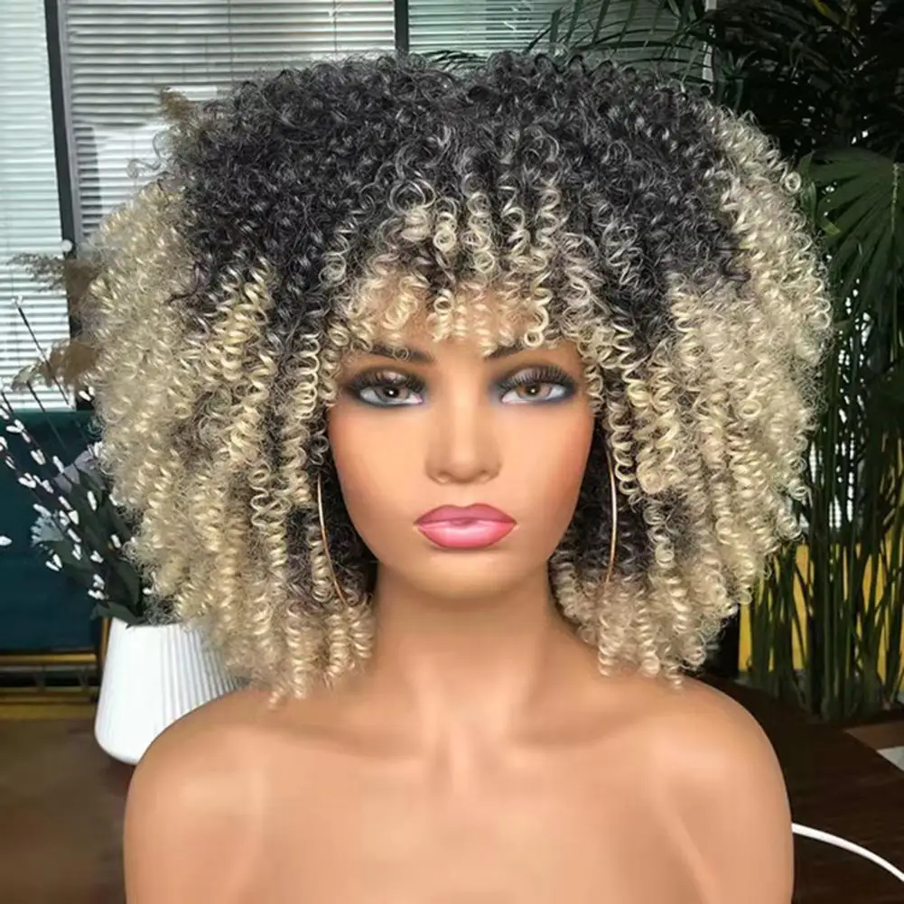 Short Hair Afro Kinky Curly Wigs With Bangs African Synthetic Glueless Cosplay Wigs For Black Women Deep Wave Lace Frontal Wig